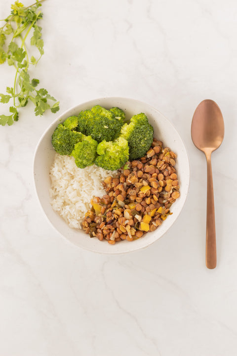 Dairy free meal prep with rice, broccoli, and legumes.