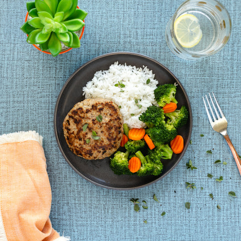 Turkey Burger, White Rice, Broccoli & Carrots